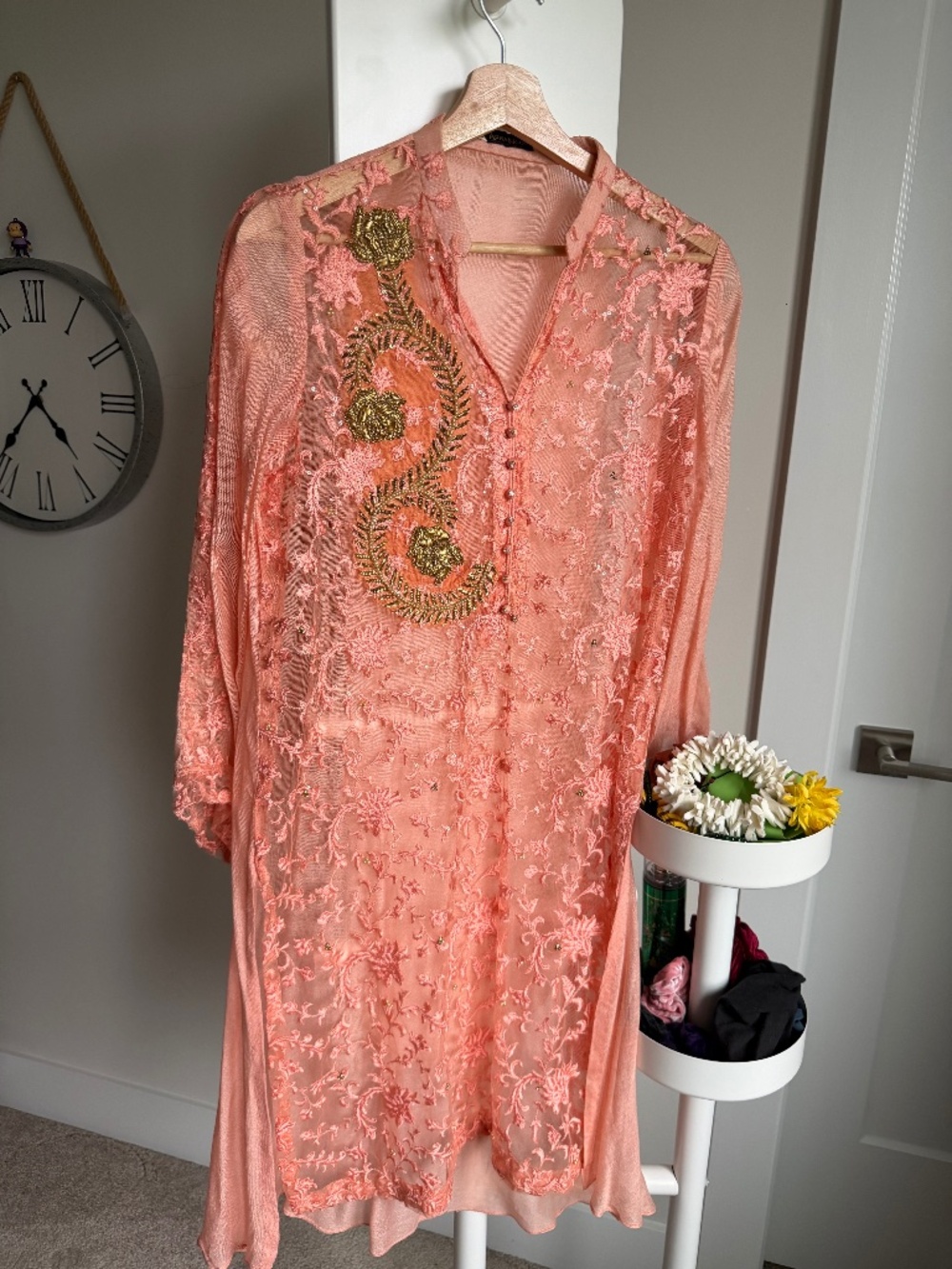 Peach Embroidered cotton net shirt & Matching Trousers Set